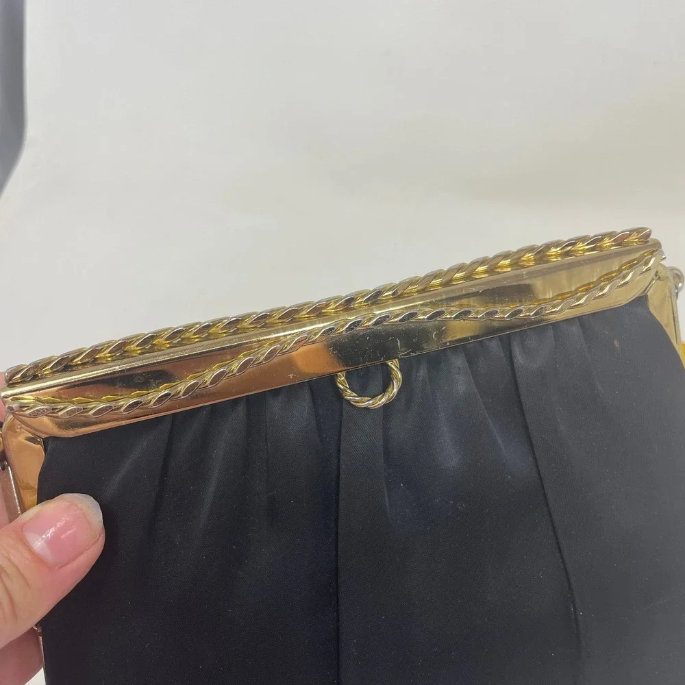Vintage HL USA Black Satin Evening Bag Gold Frame Chain Shoulder Clutch Bag